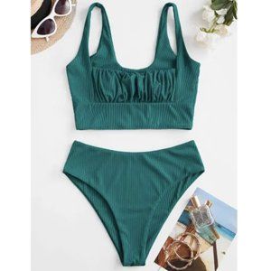 ZAFUL🌺 Square Ribbed Ruched Tankini Swimwear Greenish Blue👙XL